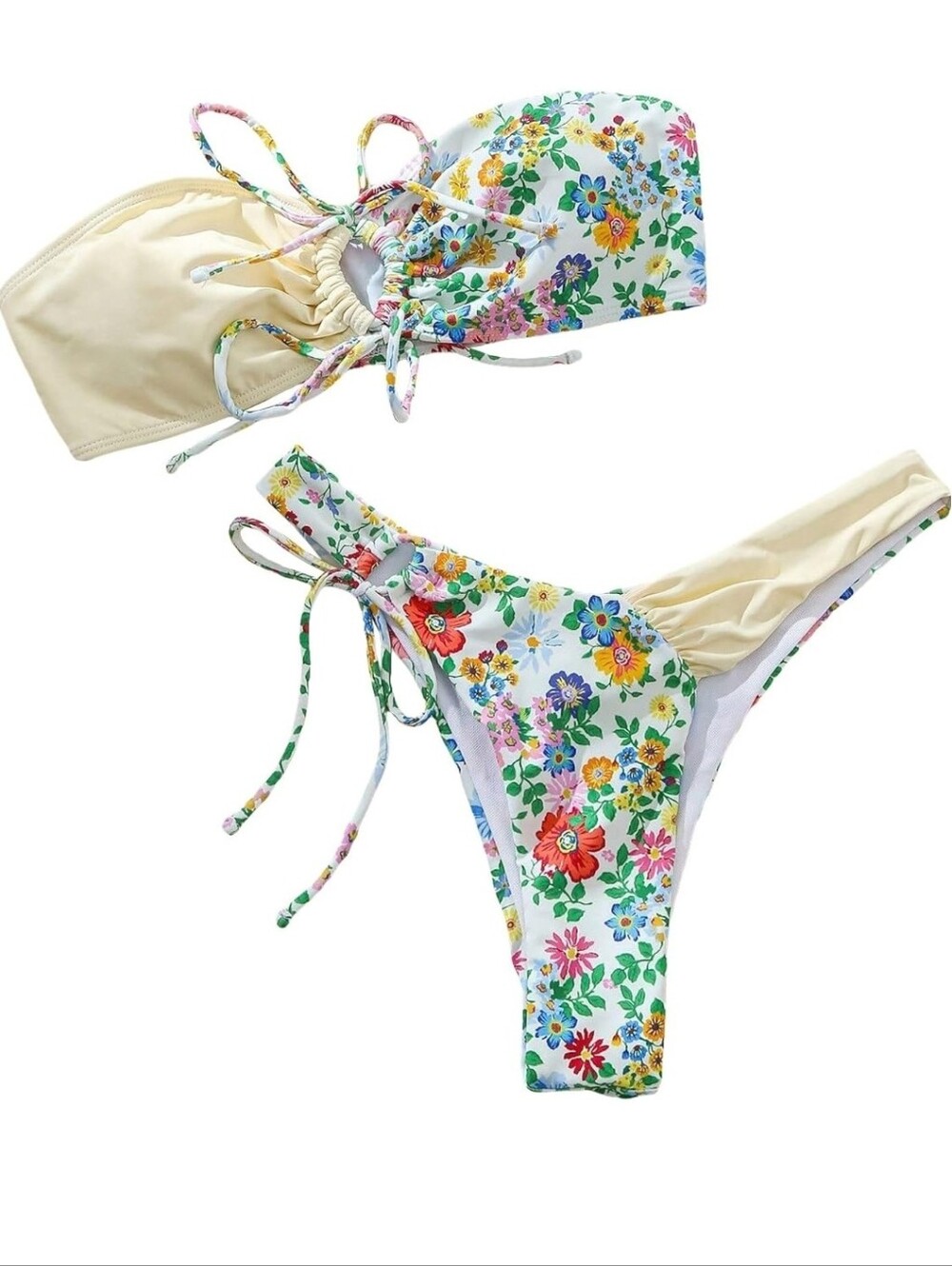  2 Piece Bandeau Swimsuit Boho Ring Strapless High Cut Bikini Set Sz XS